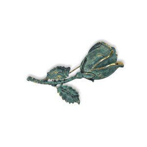 Exquisite Vintage Gold Tone Teal Enamel Rose Flower Brooch Vintage 1960s 70s